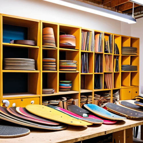 **

Prompt: A vibrant workshop scene, overflowing with discarded skateboards being skillfully transformed into unique furniture. Focus on the creative reuse aspect, showcasing the artistry and craftsmanship involved. Warm, inviting lighting. Incorporate elements of sustainable design.

**
