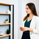 A thoughtful young professional, fully clothed in modest, contemporary business casual attire, stands in a brightly lit, minimalist eco-friendly boutique. They are carefully examining a stylish, upcycled home decor item, showcasing genuine interest in its sustainable origin. The background features blurred shelves with other responsibly sourced products, creating a calm and reflective atmosphere. safe for work, appropriate content, fully clothed, professional, perfect anatomy, correct proportions, natural pose, well-formed hands, proper finger count, natural body proportions, high-quality professional photography.