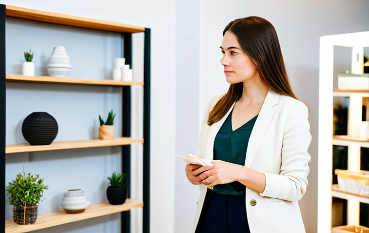 A thoughtful young professional, fully clothed in modest, contemporary business casual attire, stands in a brightly lit, minimalist eco-friendly boutique. They are carefully examining a stylish, upcycled home decor item, showcasing genuine interest in its sustainable origin. The background features blurred shelves with other responsibly sourced products, creating a calm and reflective atmosphere. safe for work, appropriate content, fully clothed, professional, perfect anatomy, correct proportions, natural pose, well-formed hands, proper finger count, natural body proportions, high-quality professional photography.