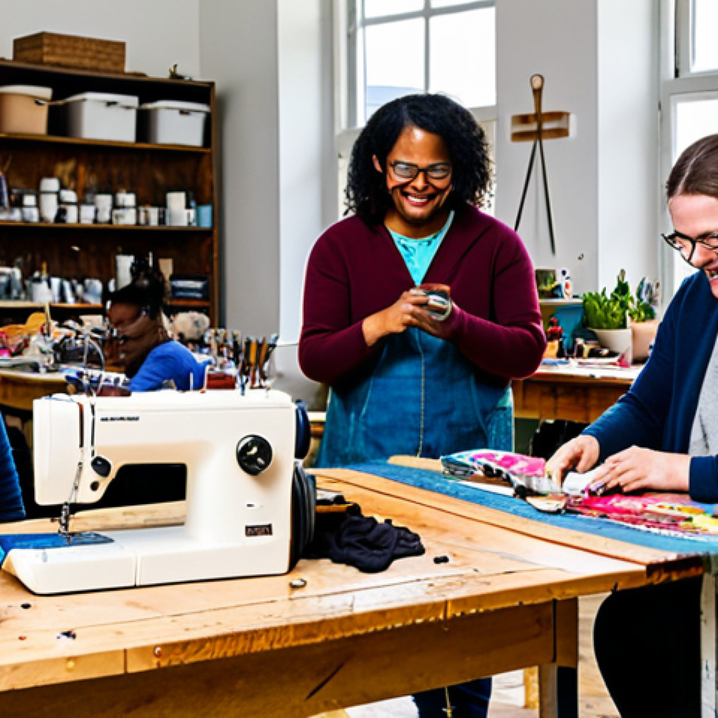 **

"A vibrant, diverse group of people gathered at a community upcycling workshop, fully clothed, appropriate attire. Some are working on sewing machines, others are painting furniture, and a few are sharing ideas around a table covered in repurposed materials. Bright, natural lighting, indoor setting, happy and engaged expressions. Safe for work, professional, family-friendly, perfect anatomy, correct proportions, well-formed hands, natural body proportions."

**