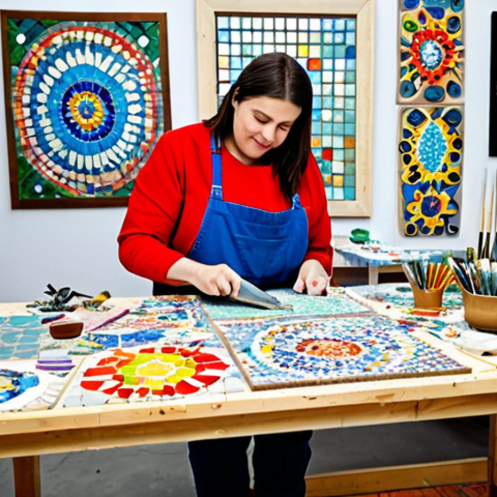 **Upcycled Mosaic Art Studio:** "A bright, airy art studio filled with colorful mosaic art pieces made from repurposed broken ceramics, fully clothed artist working at a table, appropriate content, tools and materials neatly arranged, safe for work, perfect anatomy, correct proportions, professional photography, high quality, indoor setting."