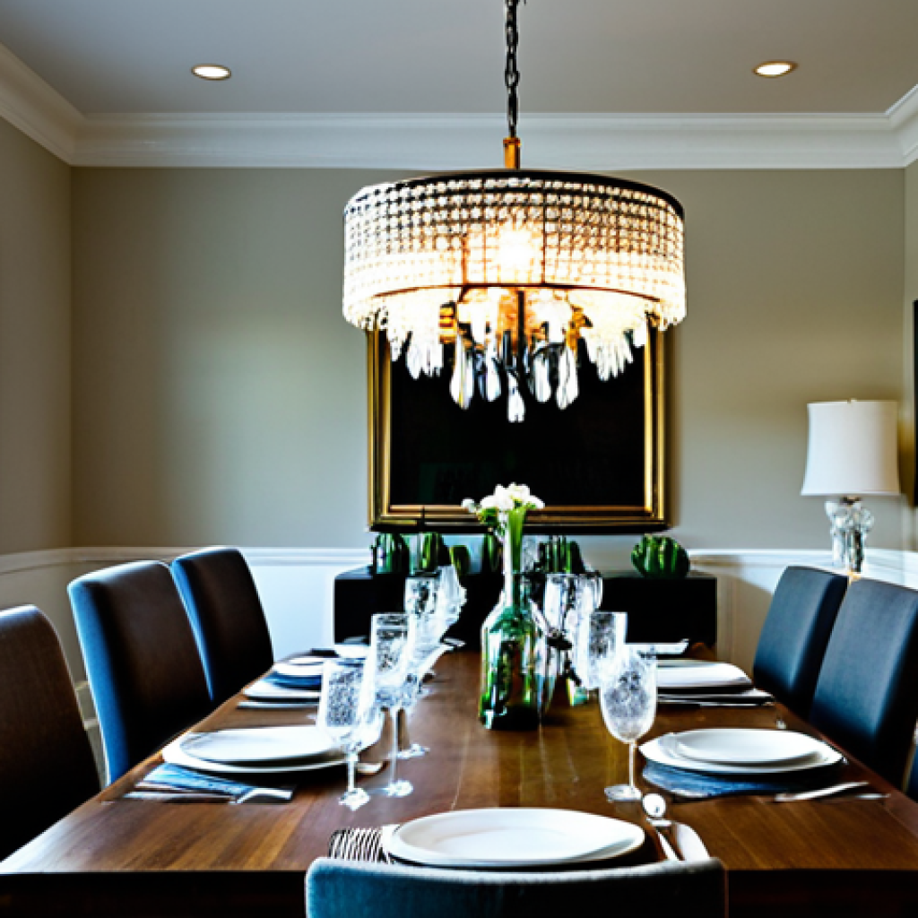 **Upcycled Chandelier in Elegant Dining Room:** "A stunning chandelier crafted from upcycled glass bottles hangs above a formal dining room table set for a dinner party, fully clothed guests, appropriate content, safe for work, perfect anatomy, correct proportions, professional photography, high quality, well-formed hands."