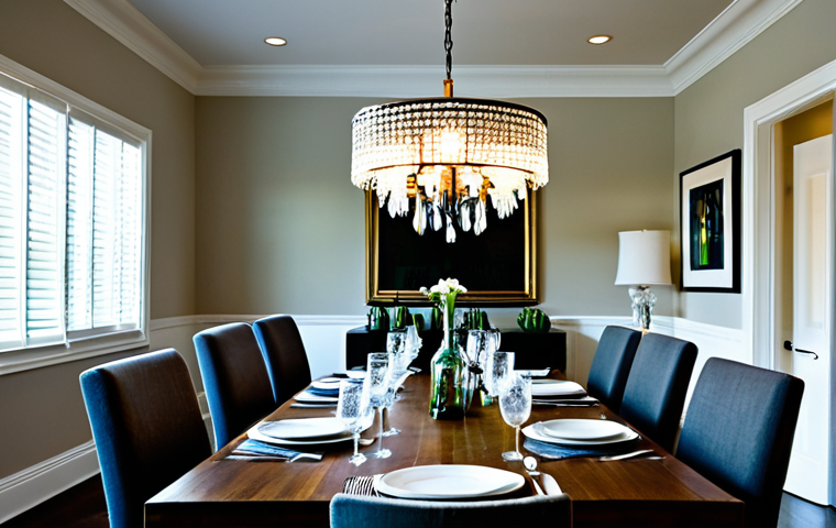 **Upcycled Chandelier in Elegant Dining Room:** "A stunning chandelier crafted from upcycled glass bottles hangs above a formal dining room table set for a dinner party, fully clothed guests, appropriate content, safe for work, perfect anatomy, correct proportions, professional photography, high quality, well-formed hands."