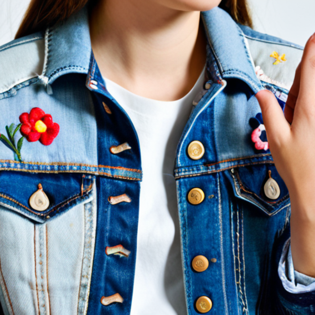 Upcycled Denim Jacket Showcase**

"Close-up shot of a stylish, fully clothed young woman wearing a unique, upcycled denim jacket with visible patchwork and embroidery. The jacket has a history, with small imperfections that add character. Background is a bright, airy studio with vintage sewing machines and fabric scraps subtly visible. Professional fashion photography, perfect anatomy, correct proportions, well-formed hands, proper finger count, natural body proportions, appropriate attire, safe for work, appropriate content, fully clothed, professional, family-friendly."

**