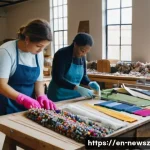 업사이클링 스타트업이 주의해야 할 리스크 - A vibrant workshop scene showing a diverse team of artisans carefully sorting and inspecting a varie...