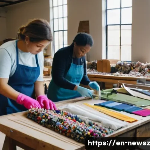 업사이클링 스타트업이 주의해야 할 리스크 - A vibrant workshop scene showing a diverse team of artisans carefully sorting and inspecting a varie...