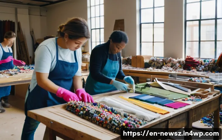 업사이클링 스타트업이 주의해야 할 리스크 - A vibrant workshop scene showing a diverse team of artisans carefully sorting and inspecting a varie...