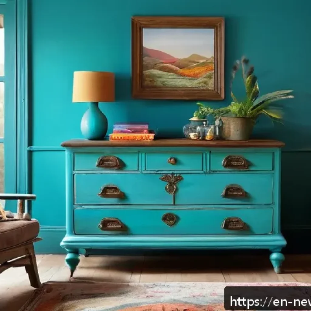 업사이클링 제품의 사용 후기 활용하기 - A cozy living room featuring a vintage wooden dresser upcycled with bold turquoise paint and an ecle...