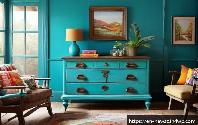 업사이클링 제품의 사용 후기 활용하기 - A cozy living room featuring a vintage wooden dresser upcycled with bold turquoise paint and an ecle...