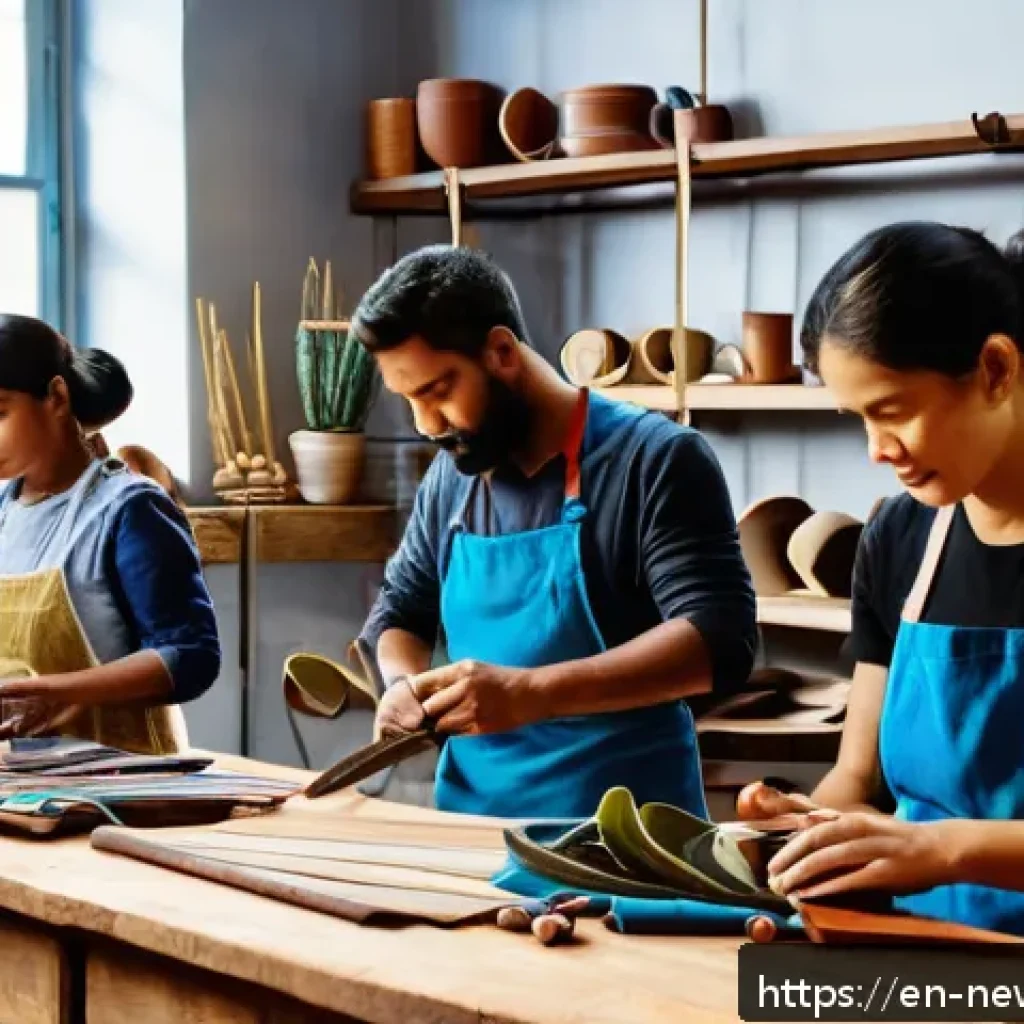 업사이클링 스타트업의 브랜드 확장 전략 - A vibrant artisan workshop scene showing diverse craftsmen and craftswomen carefully transforming di...