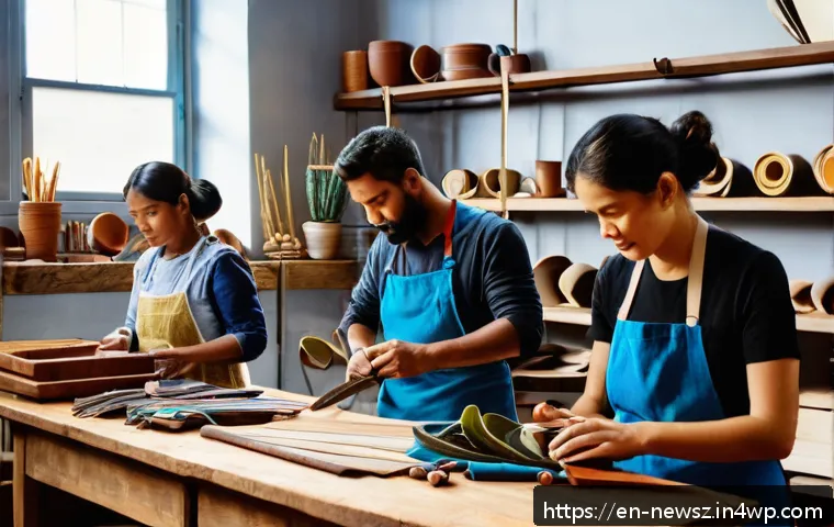 업사이클링 스타트업의 브랜드 확장 전략 - A vibrant artisan workshop scene showing diverse craftsmen and craftswomen carefully transforming di...