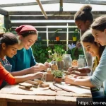 Home 21 업사이클링 스타트업의 고객 맞춤형 마케팅 - A cozy, sunlit workshop scene featuring diverse adults and teenagers gathered around a rustic wooden...