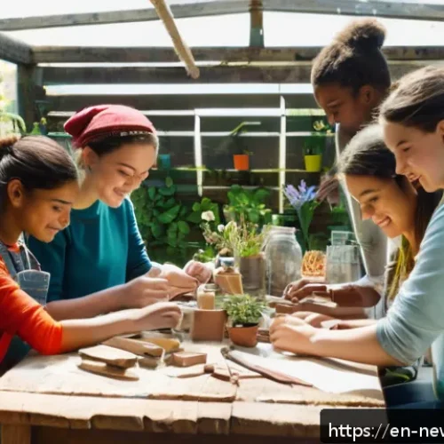 Home 33 업사이클링 스타트업의 고객 맞춤형 마케팅 - A cozy, sunlit workshop scene featuring diverse adults and teenagers gathered around a rustic wooden...