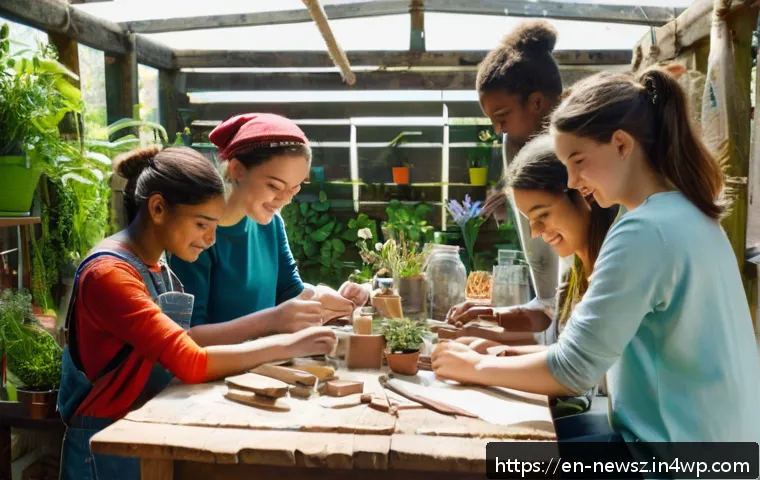 업사이클링 스타트업의 고객 맞춤형 마케팅 - A cozy, sunlit workshop scene featuring diverse adults and teenagers gathered around a rustic wooden...