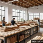 Home 19 업사이클링 스타트업의 공급망 관리 - A vibrant, modern upcycling workshop scene showcasing skilled artisans sorting and customizing varie...