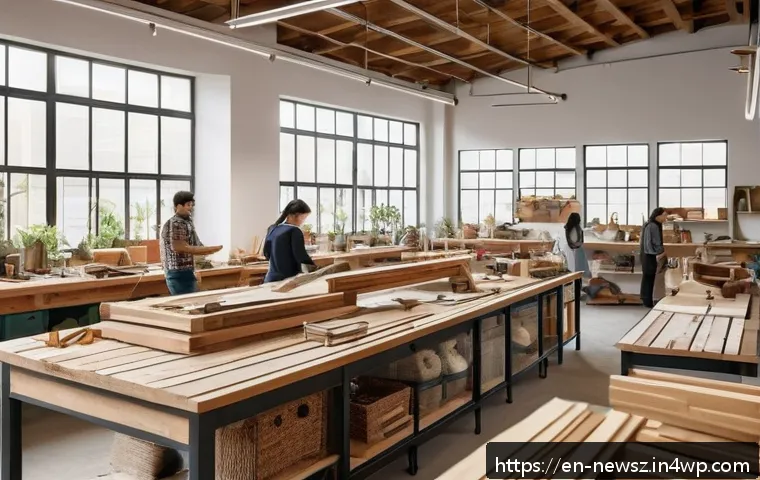 업사이클링 스타트업의 공급망 관리 - A vibrant, modern upcycling workshop scene showcasing skilled artisans sorting and customizing varie...