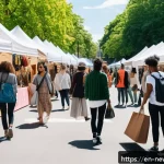 Home 18 업사이클링 스타트업의 고객층 분석 - A vibrant urban pop-up market scene featuring diverse millennials and Gen Z individuals shopping for...
