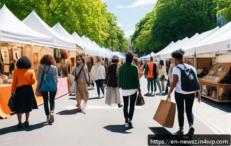 업사이클링 스타트업의 고객층 분석 - A vibrant urban pop-up market scene featuring diverse millennials and Gen Z individuals shopping for...