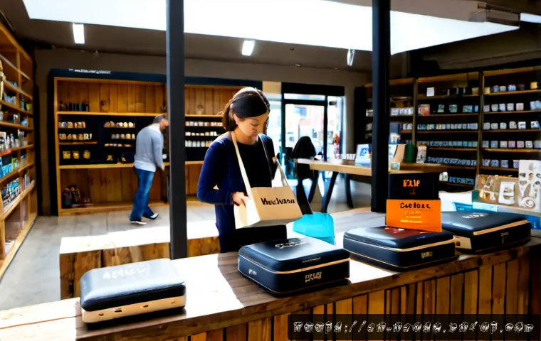 업사이클링 제품의 유통 채널 분석 - Photorealistic editorial scene inside a bright urban zero-waste boutique, a diverse adult store mana...