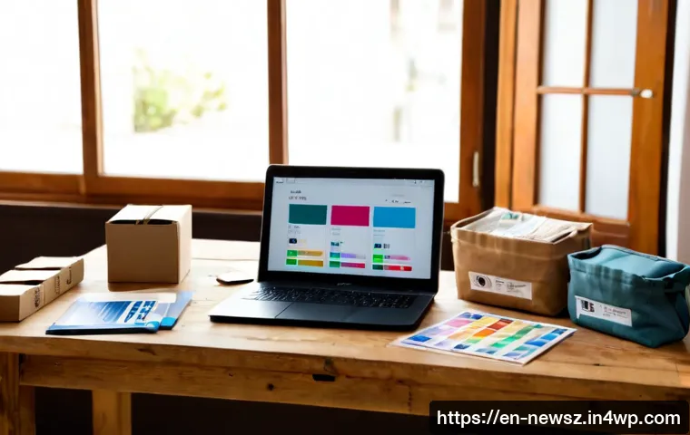 Home 17 업사이클링 제품을 위한 효과적인 주문 관리 시스템 - Photorealistic small upcycling workshop order management scene, organized wooden desk with a laptop ...